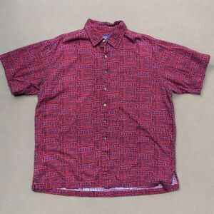 Old College Inn Vintage AOP Tribal Print Red Navy Button Front Casual Shirt XL